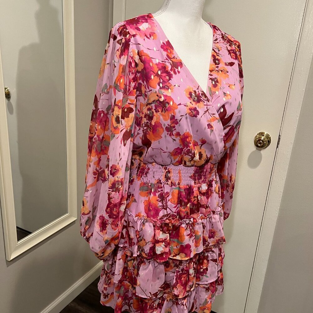 MSK Pink Floral Smocked Waist Tiered Mini Dress, Size Medium - Picture 6 of 16